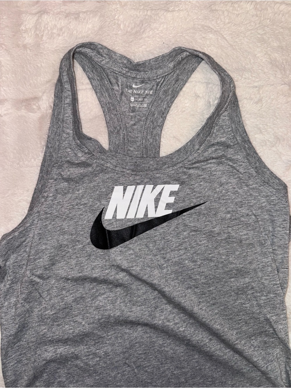 Nike Gray Racerback Tank with White Logo and Black Swoosh